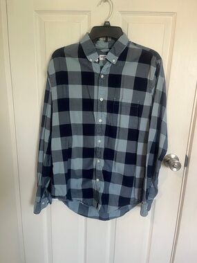 Express Men's Blue and Navy Plaid Button-Down Shirt